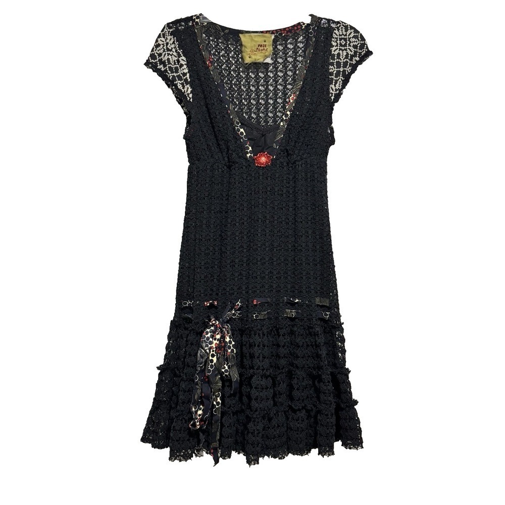 Vintage Free People Black Crochet Drop Waist Cap Slv Boho Whimsygoth Mini Dress